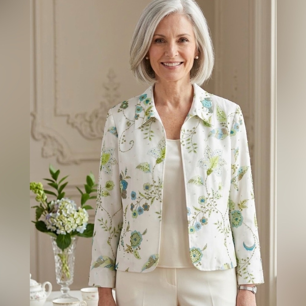Embroidered Floral Jacket - White with Green & Blue by Drapeos &Damons NNT